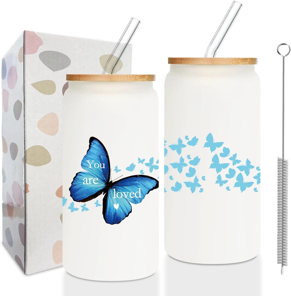 Blue Butterfly Frosted Cup for Women, "You are love" Butterfly Cup for Women, Butterfly Lovers Gifts, Birthday Gifts for Butterfly Lovers, Butterfly Theme Party Glass Cup with Lid and Straw 16 Oz