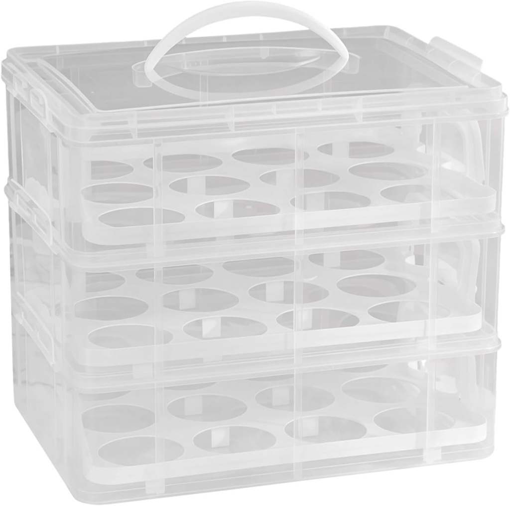 Stackable Cupcake and Cake Carrier, Clear Plastic Muffin Box 3-Tier 36 Count, Lid with Handle, Portable for Transport and Storage