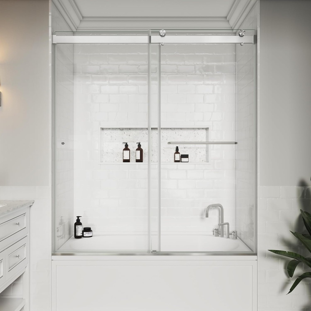 Bathtub Shower Doors Frameless 56-60" W x 66" H Width Adjustable 5/16"(8mm) Double Sliding Glass Tub Door Stainless Steel Hardware (Brushed Nickel)