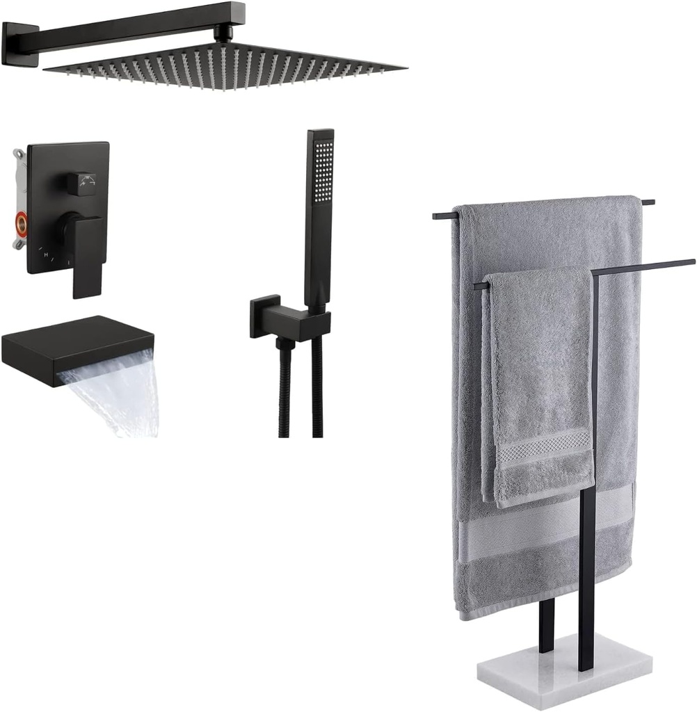 KES 12 Inch Rainfall Shower Head with Handheld Spray 2-Tier Towel Racks for Bathroom Freestanding with Marble Base, XB6305S12-BK-NEW+BTH217-BK-KES