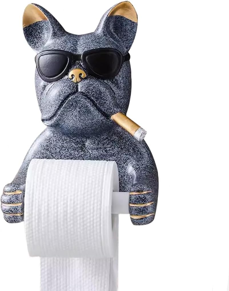 Tissue Roll Dispenser Cute Bulldog-Shaped Toilet Paper Holder, Creative Wall Mounted Towel Rack, No Need to Drill Holes, Gift (Color : Grey, Size : 24.5 * 17 * 13cm)
