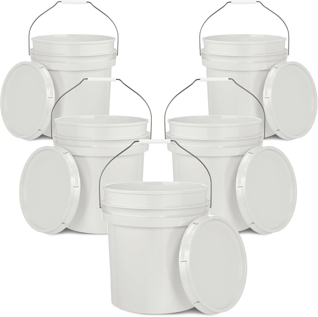EconoHome 5-Gallon White Bucket Pail Container with Lid Metal Handles with Plastic Grip for Easy Carrying Easy Stack and Store Heavy-Duty Extra Durable Food Grade BPA Free - 5 Pack