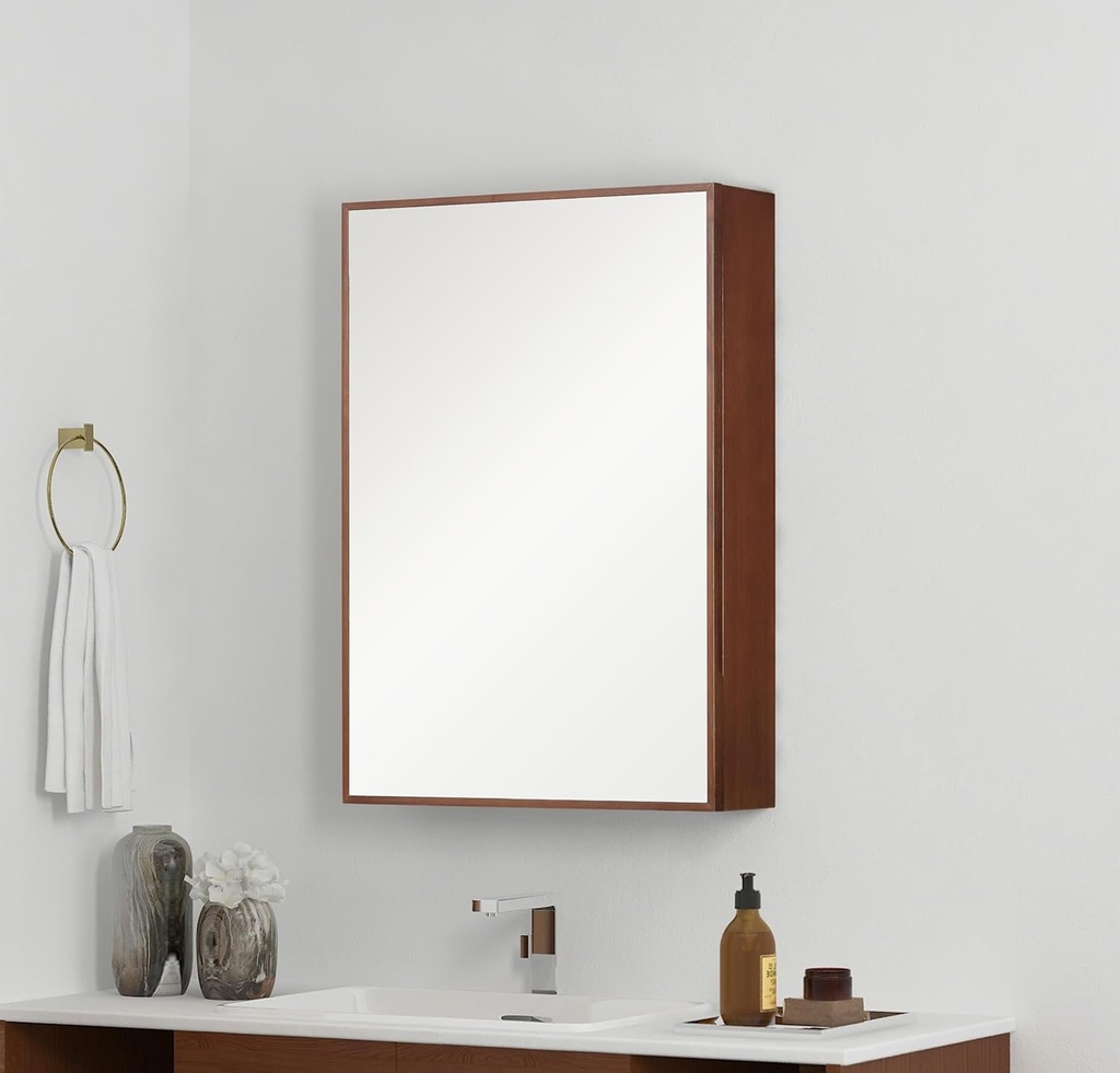 Mid-Century Modern Medicine Cabinet,19 Inch x 27 Inch Wood Storage Cabinet with Mirror Door, Buffering Hinge, and Large Storage Capacity (Walnut)
