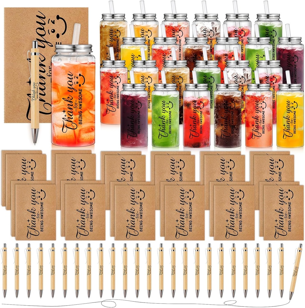 Skylety 72 Pcs Employee Appreciation Gifts Bulk 13.5oz Clear Tumblers with Lids Straws Spiral Notebooks Sticky Note Pens for Team Staff Coworker Teacher(Vertical)