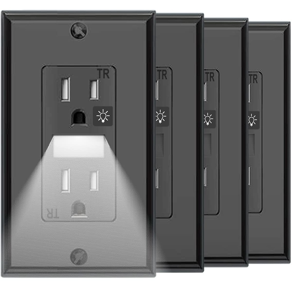 SOZULAMP Black Wall Outlet with Night Light,Electrical Tamper Resistant Receptacle,15 Amp 125Volt,Built-in Nightlight, Receptacle Outlet with Wallplate(4Pack,Glossy Black)