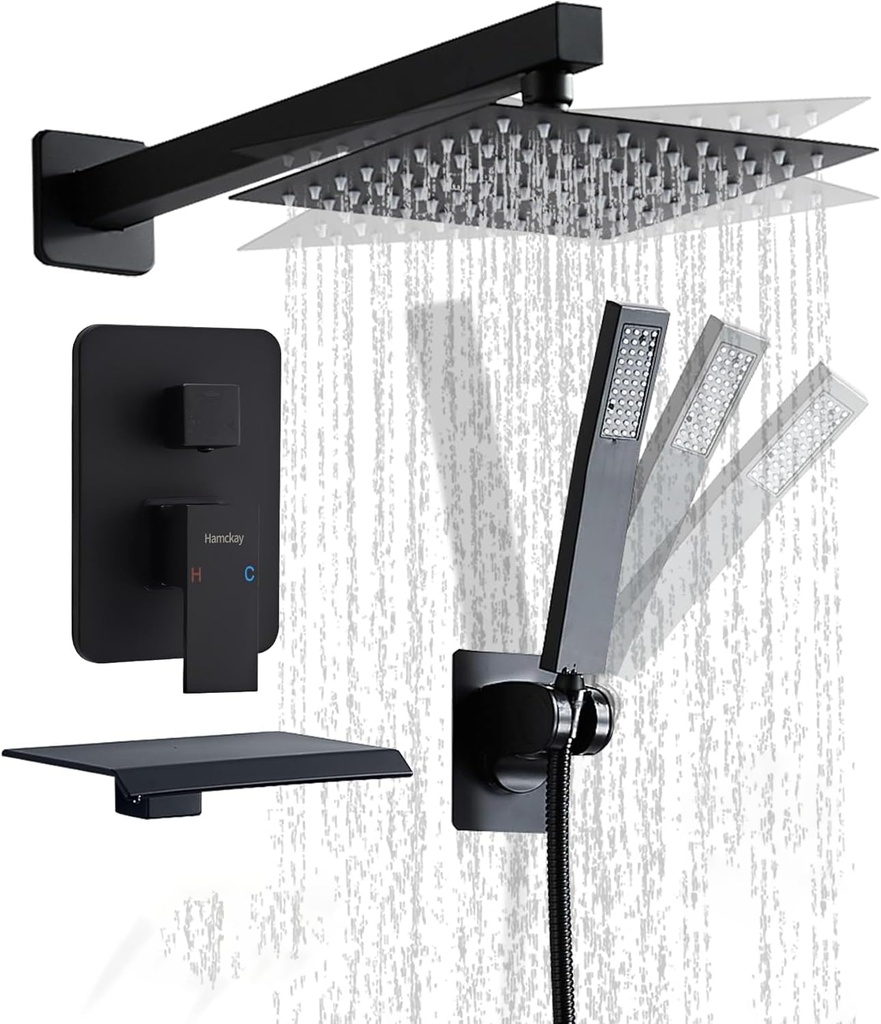 10 inch Matte Black Shower System with Tub Spout, Shower Faucet Set with Rain Shower Head and Handheld 3-Setting, Waterfall Bathtub Spout Rainfall Shower Combo Set for Bathroom Wall Mounted
