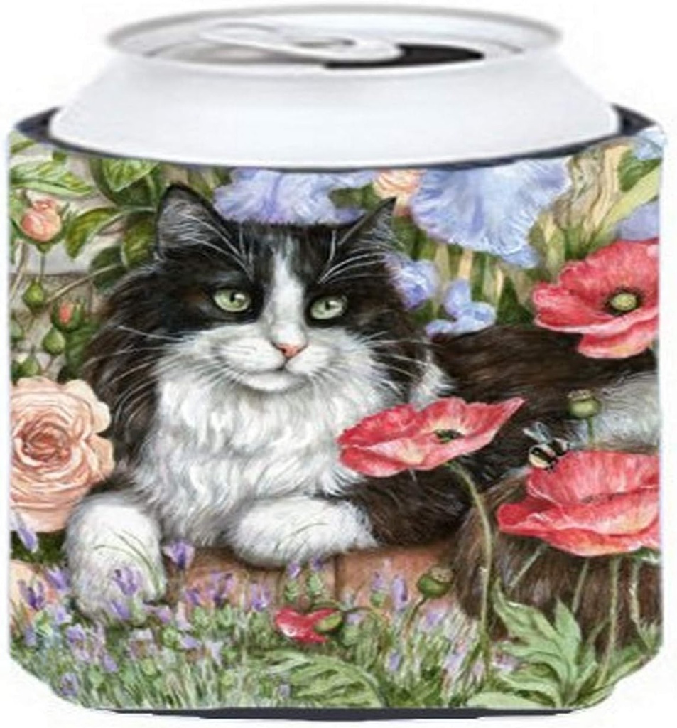 Caroline's Treasures CDCO0231CC Black and White Cat in Poppies Can or Bottle Hugger Cooler Washable Drink Sleeve Collapsible Beverage Insulated Holder, Can Hugger, Multicolor