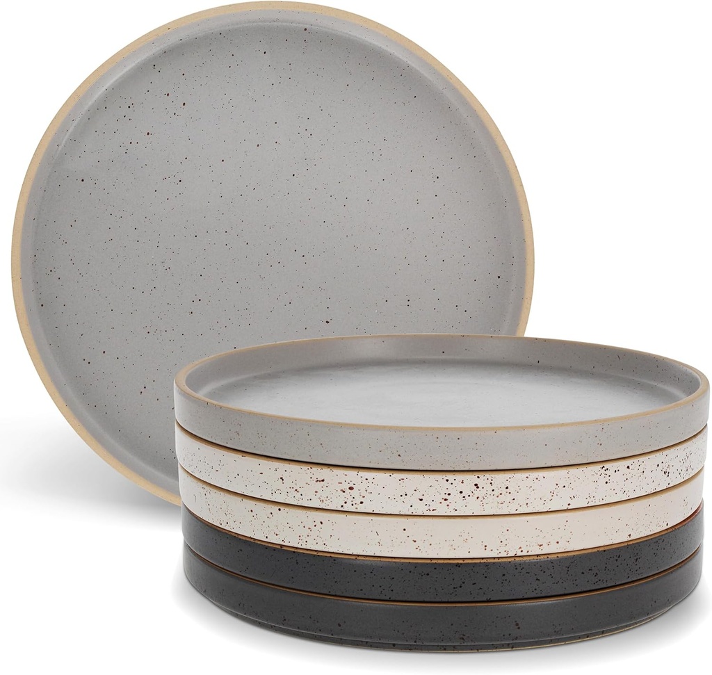 Ceramic Plates - 6 Piece Neutral Flat Porcelain Dish Set - 10.5in Modern Dishes with Lipped Edge for Everyday Kitchen Use - Oven, Dishwasher, and Microwave Safe Ceramic Dinnerware Sets