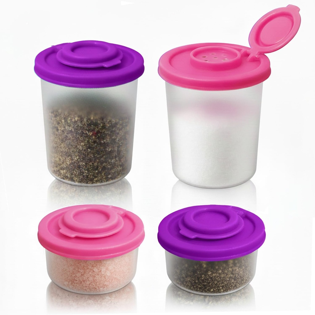 4 PCS Salt and Pepper Shakers Set, 2 Medium (3oz) & 2 Mini (1.36oz) Plastic Shakers with Lids, Leak Proof Seasoning Dispensers for Kitchen, Dining, Travel, and Camping (Deep Purple+Pink)