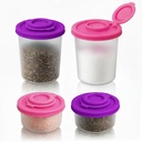 4 PCS Salt and Pepper Shakers Set, 2 Medium (3oz) & 2 Mini (1.36oz) Plastic Shakers with Lids, Leak Proof Seasoning Dispensers for Kitchen, Dining, Travel, and Camping (Deep Purple+Pink)