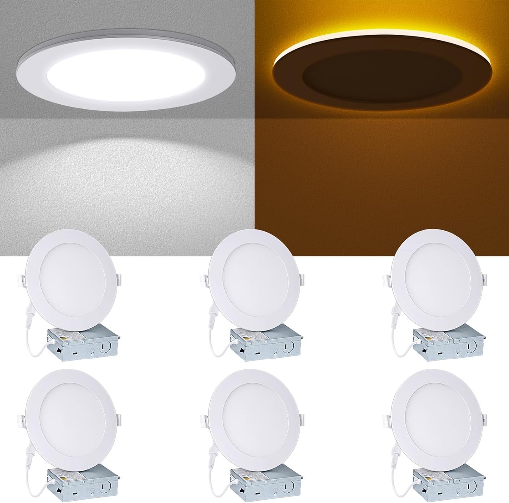 LED Recessed Lighting 6 Inch - with Night Light, 2700K/3000K/4000K/5000K/6000K Selectable Canless Recessed Light, 12W+3W, Ultra-Thin Wafer Downlight Soffit with Junction Box, 6inch 6P White