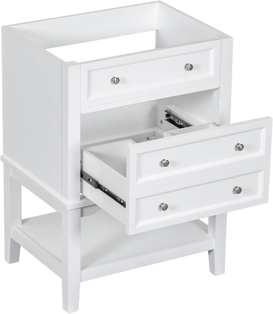 24" Bathroom Vanity Without Sink, Base Only, Solid Wood Frame, Bathroom Storage Cabinet with Drawer and Open Shelf, White