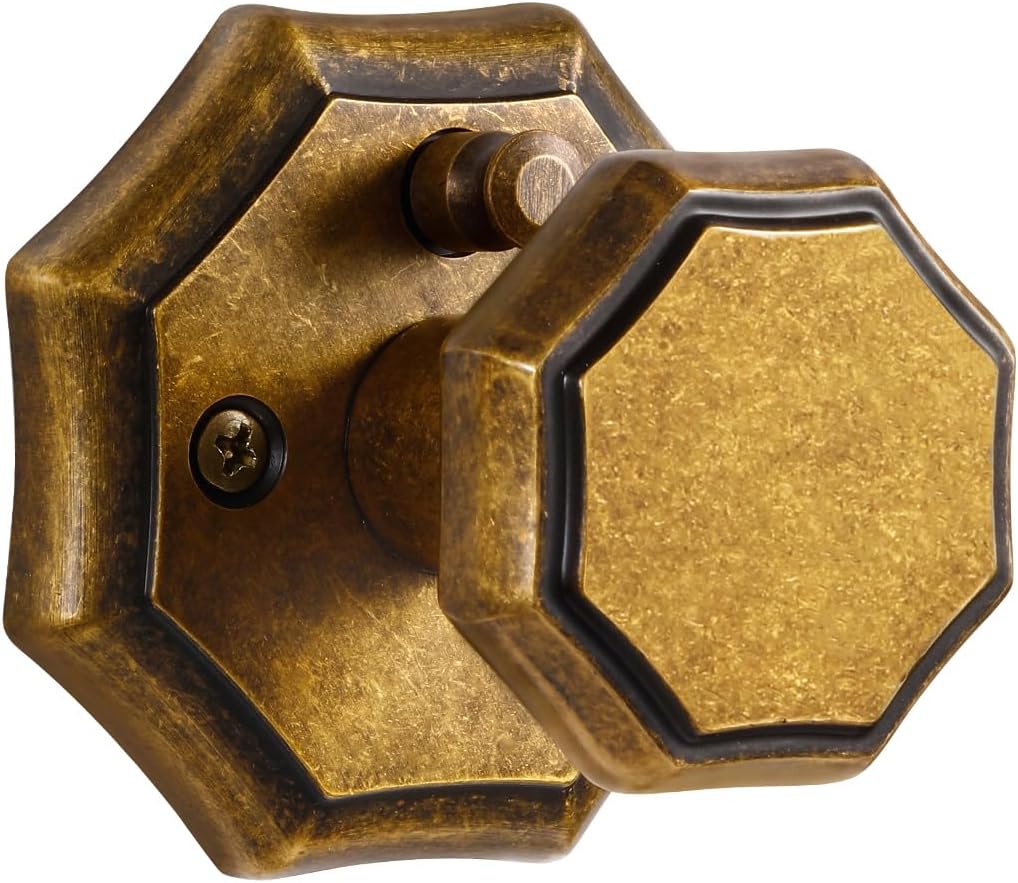 1 Pack Antique Brass Privacy Door Knobs Aged Brass Octagonal Interior Closet Hallway Interior Vintage Door Knob