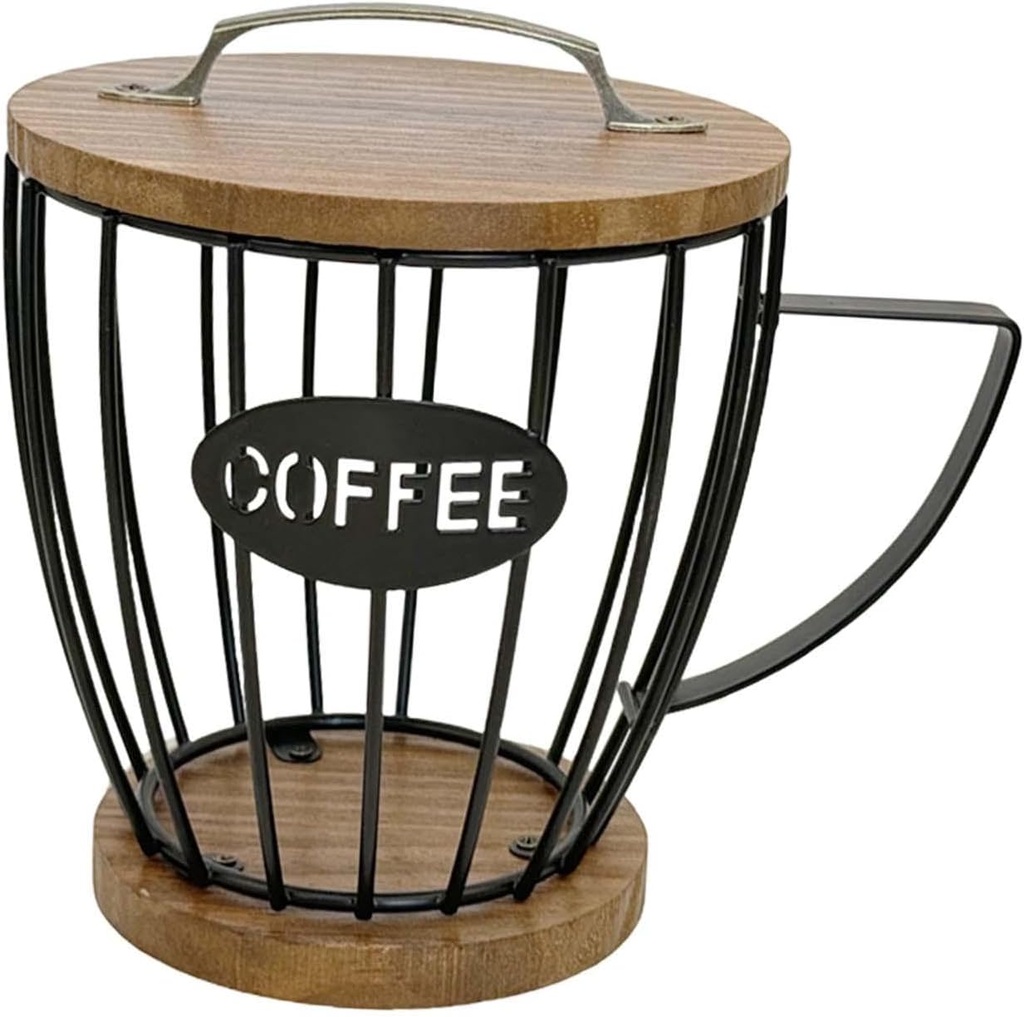 Coffee Pod Holder Container with Wooden Base Modern Metal Wire Organizer Storage Basket for Office Home Bar Accessories , Black with Lid