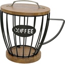 Coffee Pod Holder Container with Wooden Base Modern Metal Wire Organizer Storage Basket for Office Home Bar Accessories , Black with Lid