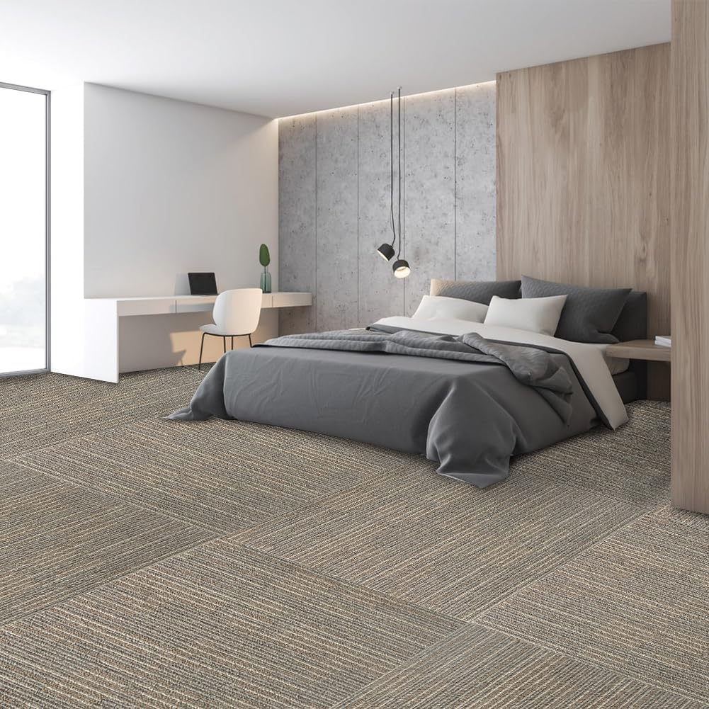 Petgrow Bedroom Carpet Tiles, 24" x 24" Squares, 18 Tiles, 72 sq ft, Non-Slip Soft Floor Carpet for Office, Living Room, Kitchen, Garage,Easy DIY Installation with Flexlok Tabs (Beige)