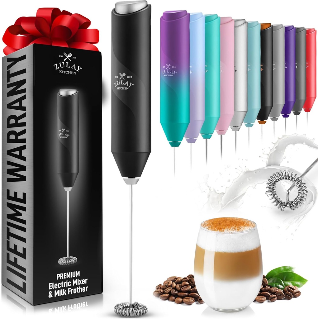Zulay Kitchen Powerful Milk Frother Wand - Handheld Stainless Steel - Battery Operated Drink Mixer for Coffee, Lattes, Cappuccino, Matcha - Froth Mate Frother Gift - Black