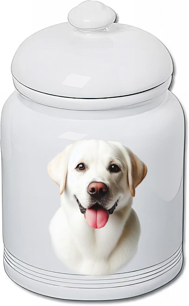 Best of Breed White Labrador Dog and Cat Ceramic Treat Jar 9" Tall Air Tight Seal All White