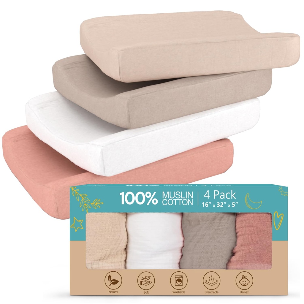100% Muslin Changing Pad Cover Ultra Soft 120GSM Baby Changing Pad Covers for Girls and Boys - Easy wash Diaper Changing pad Cover with Low Shrinkage (4 Pack - White/Beige/Sand/Greish)