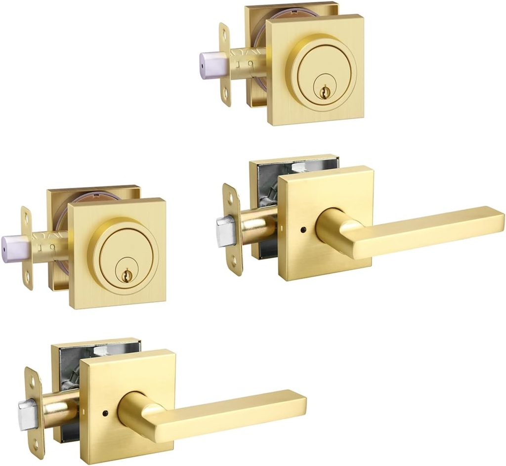 Gold Heavy Duty Privacy Lever Door Handle and Single Cylinder Deadbolt Lock and Key Combo Pack - Locking Lever Set for Left or Right-Handed Doors - Exterior Door Levers - Satin Brass,2pack