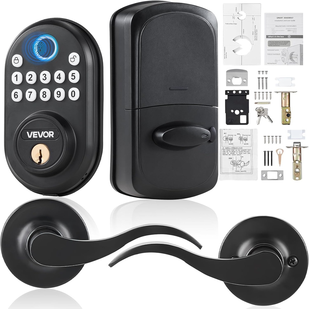 VEVOR Fingerprint Door Lock with Level Handles, Fingerprint/Keypad Code/Key, One-Time and Anti-Peeking Password, Constant Unlock Mode, Aluminum Alloy, Electronic Keypad Deadbolt for Entry Doors