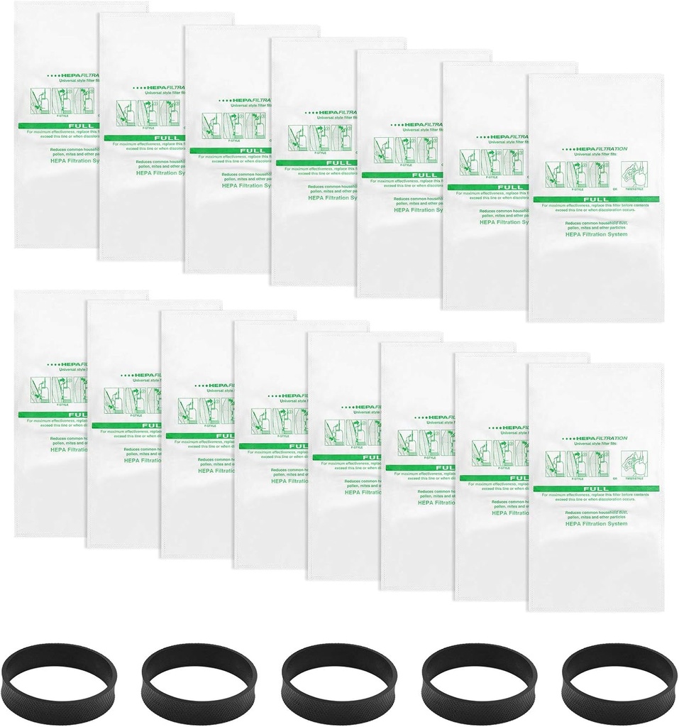 15 +5 Pack 204814 HEPA Filter Bags plus Belts, for Kirby Vacuum Bags 204811 204808 205811, Universal White Cloth Bags Fit for Sentria Models & All Generation with F-Style and Twist-Style