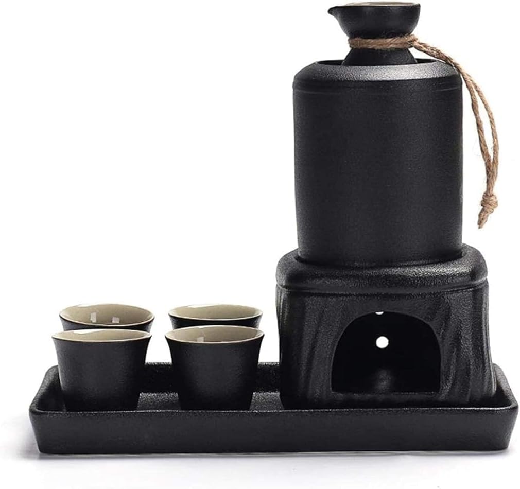 Sake Set Japanese Sake Cup Set 8-Piece Sake Set with Tray and Warming, Black Ceramic Wine Glass Set, Quaint Texture Sake Set for Warm/Cold Sake Service Sake Pot Set