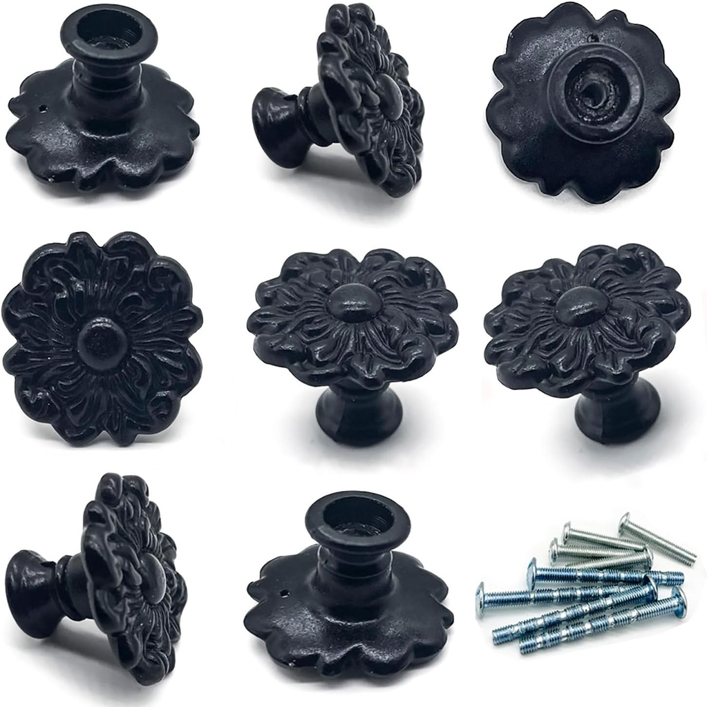 8Pcs Black Flower Knobs - Solid Drawer Rose Knobs - Vintage Flower Handles with Scre. (Black 8pcs)