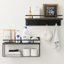 Floating Shelves - Black Bathroom Shelves Over Toilet, Set of 2 Wall Shelves with Basket and Hooks