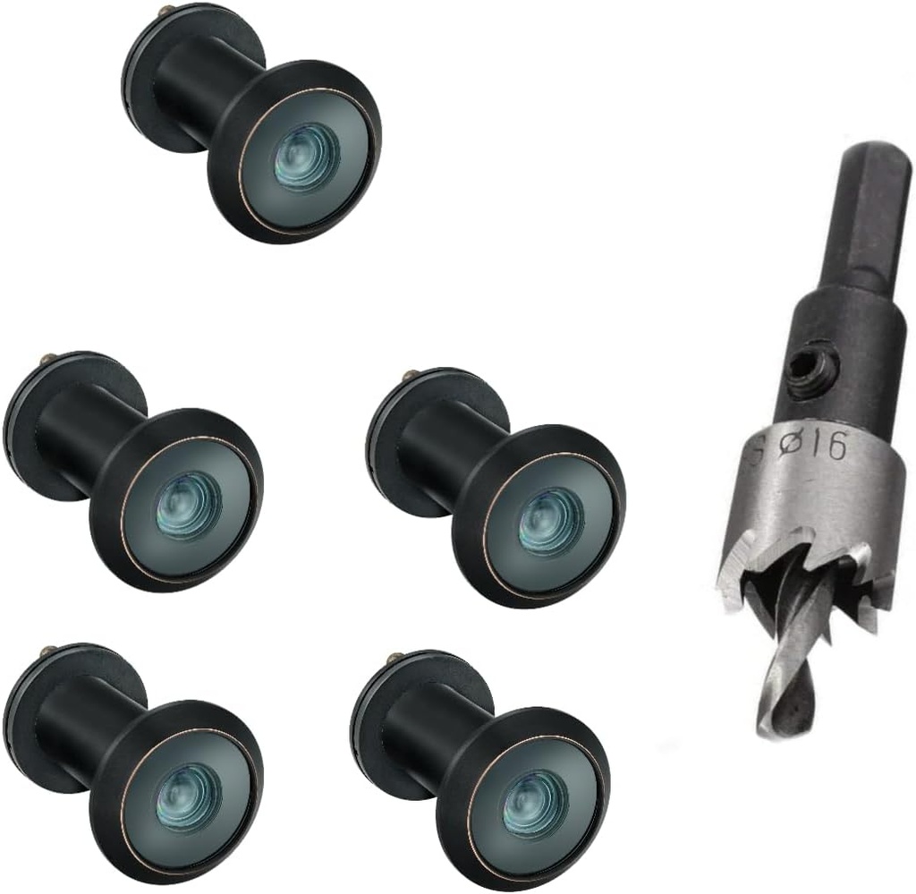 TOGU 5PCS of 220-degree Solid Brass Peep Holes for Door with 16mm Drill Bit, 0.63 inch Door Peephole with Privacy, Compatible with Door Thick from 1-3/8" to 2-1/6", Classic Matte Black Finish
