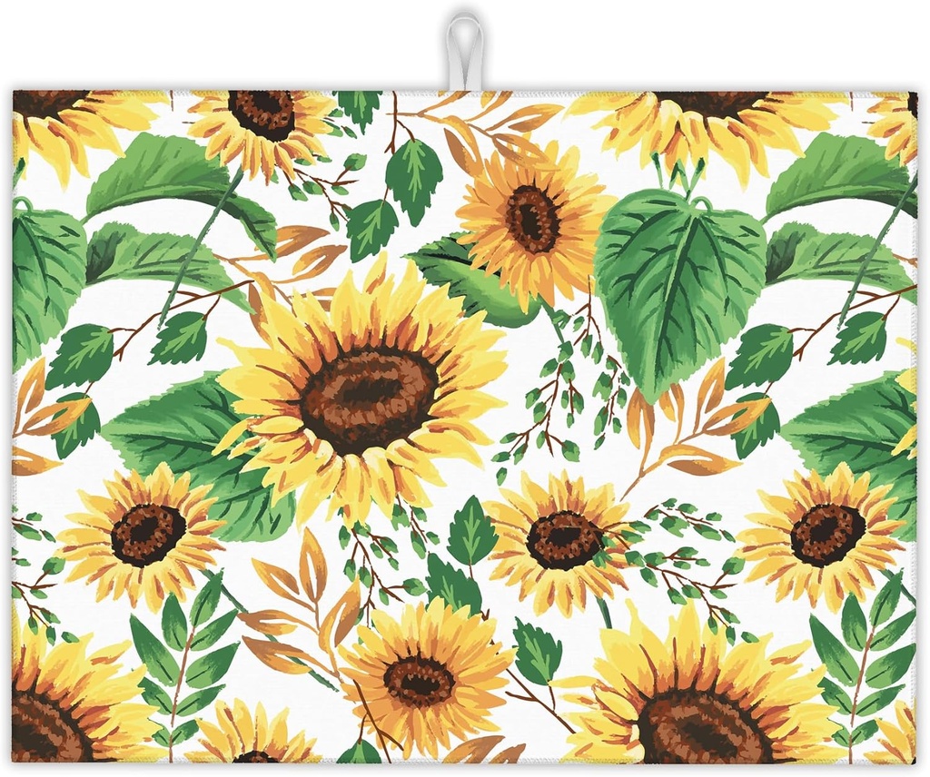 Summer Sunflowers Dish Drying Mats 18x24 Inch,Leaves Dish Pad Drying Rack Mat for Kitchen Counter Ultra Absorbent Microfiber Dishware Coffee Maker Bar Countertop Decor