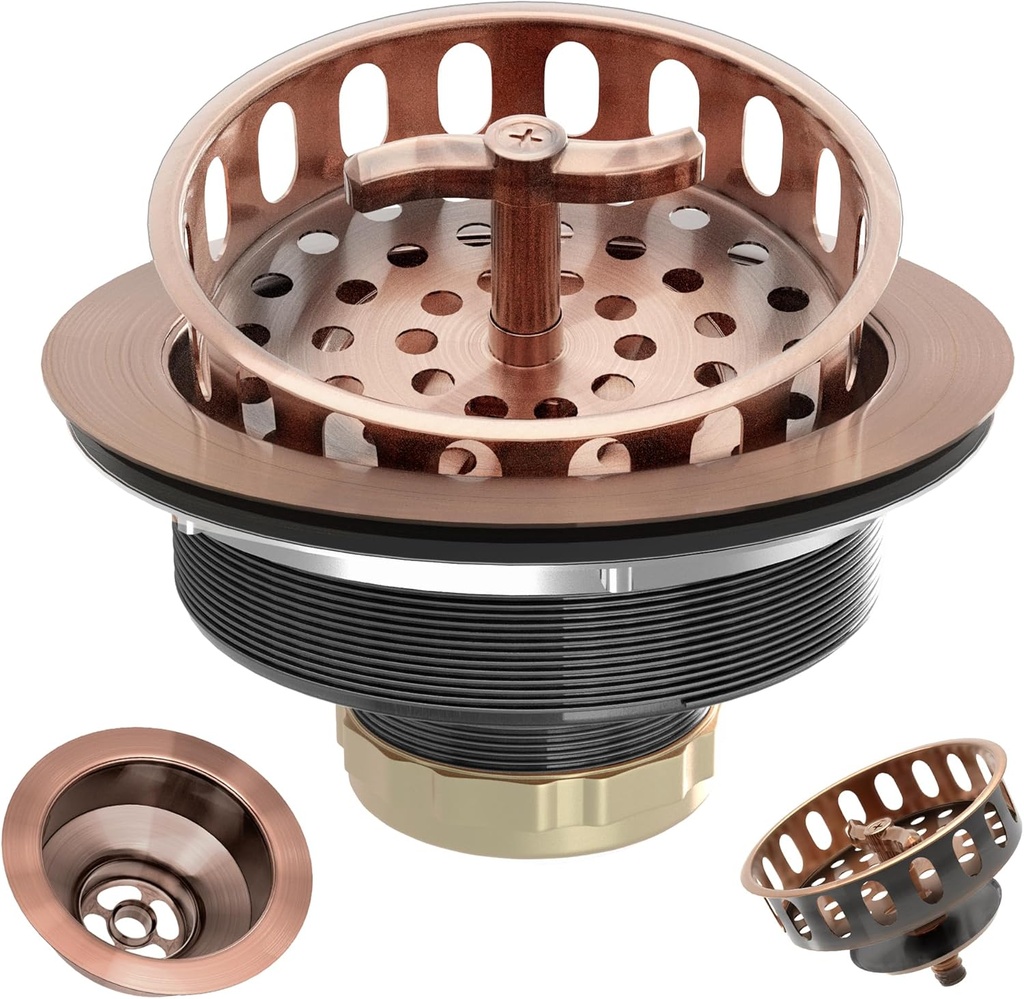 Kitchen Sink Drain Assembly 3-1/2 Inch Stainless Steel Kitchen Drain with T-Shaped Sink Strainer Basket and Drain Stopper for Standard Kitchen Sink Antique Copper