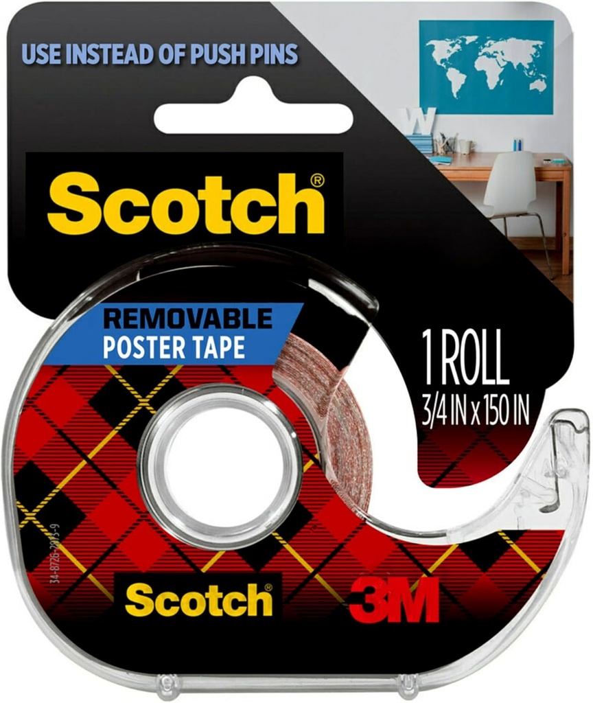 Scotch-Mount Removable Poster Tape, 3/4" x 150" (12.5 ft), Clear, Comes with Convenient Dispenser, Double-Sided Adhesive Bonds on Contact, Mounts Posters, Photos, Cards & Other Items (109S)