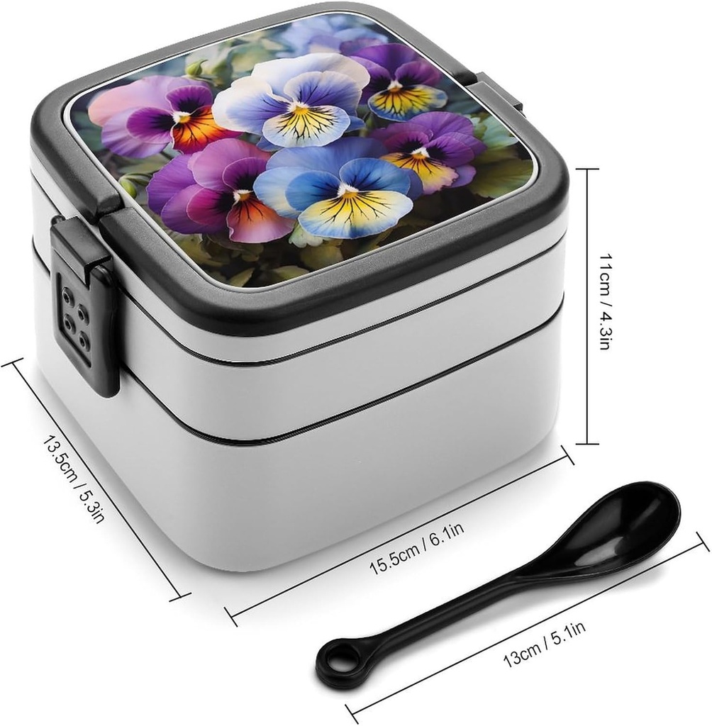 All-in-One Bento Box Stackable Leak-Proof Lunch Box With Carry Handle 2 Layer Portable Meal Prep Container Pansy Perfection Lunchbox with Utensils for Dining Out Work, Black