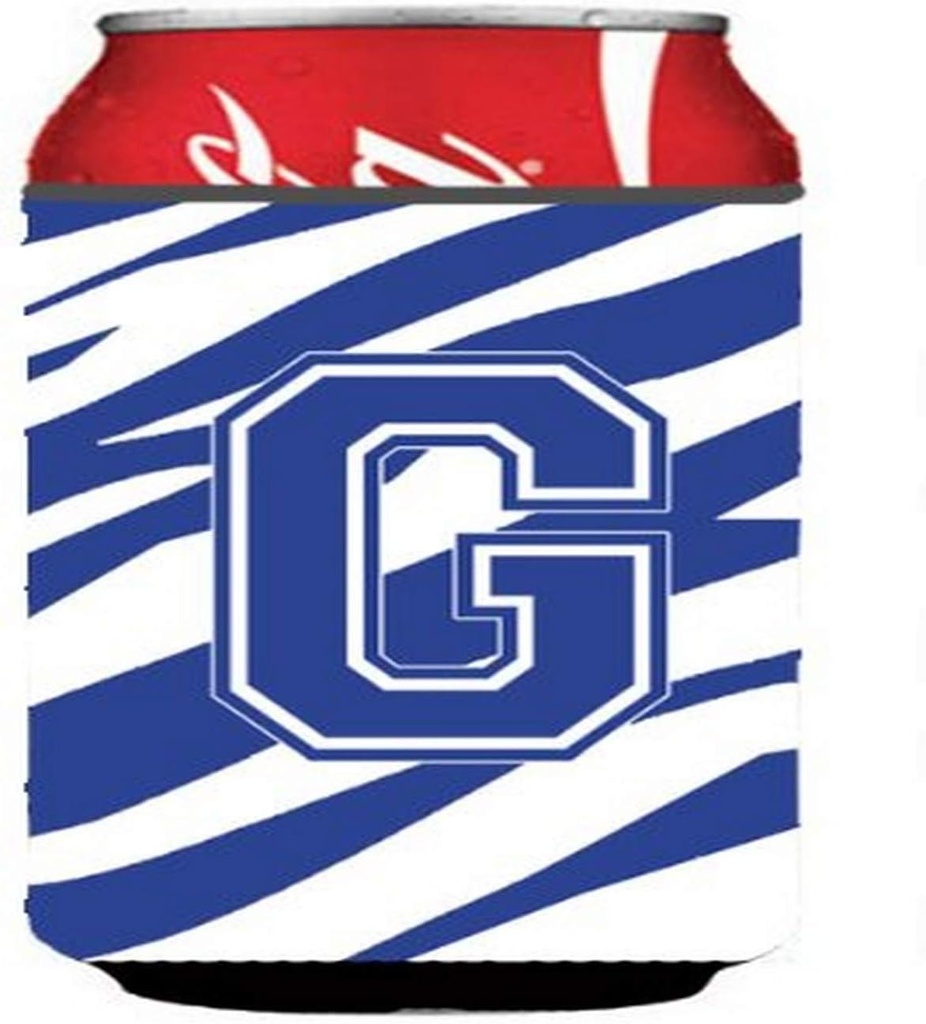 Caroline's Treasures CJ1034-GCC Letter G Initial Tiger Stripe Blue and White Can or Bottle Hugger Cooler Washable Drink Sleeve Collapsible Beverage Insulated Holder, Can Hugger, Multicolor