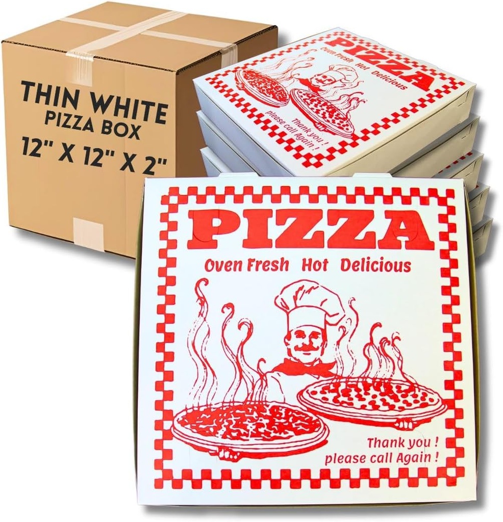 White Pizza Box with Printed Design – 12 x 12 x 2 in | Durable Takeout Box for Pizza, Flatbreads & Baked Goods | Grease-Resistant, Easy to Fold, Professional Appearance (25)