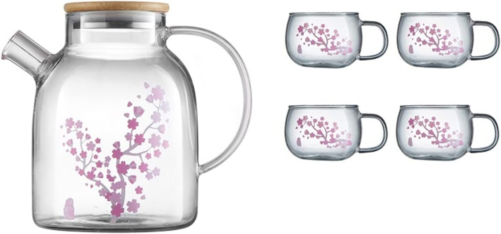 Water Carafe Iced Tea Pitcher Glass Cold Water Kettle Set with Cup Household Heat Resistant Tea Set Transparent Cups Pink Teapot Drinkware Comfortable Handle Drink Pitcher Water Jar