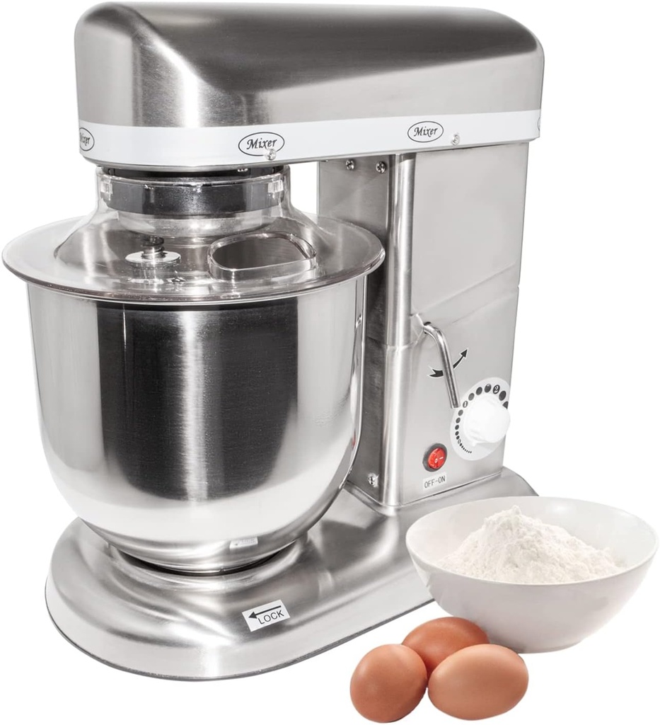GorillaRock Food Mixer | Commercial Mixer with Dough Hook, Wire Whip & Beater | Stainless Steel | 7L | 110V
