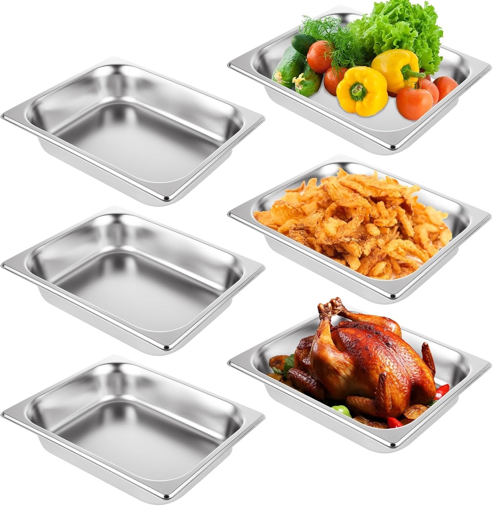 QTLCOHD 6 Pack Half Size Hotel Pans, 1/2 Inch 2.5 Inch Deep Stainless Steel Steam Table Pan, Commercial Food Pan for Chafing Dishes, Breading Trays for Hotel, Party, Buffet, Catering Supplies