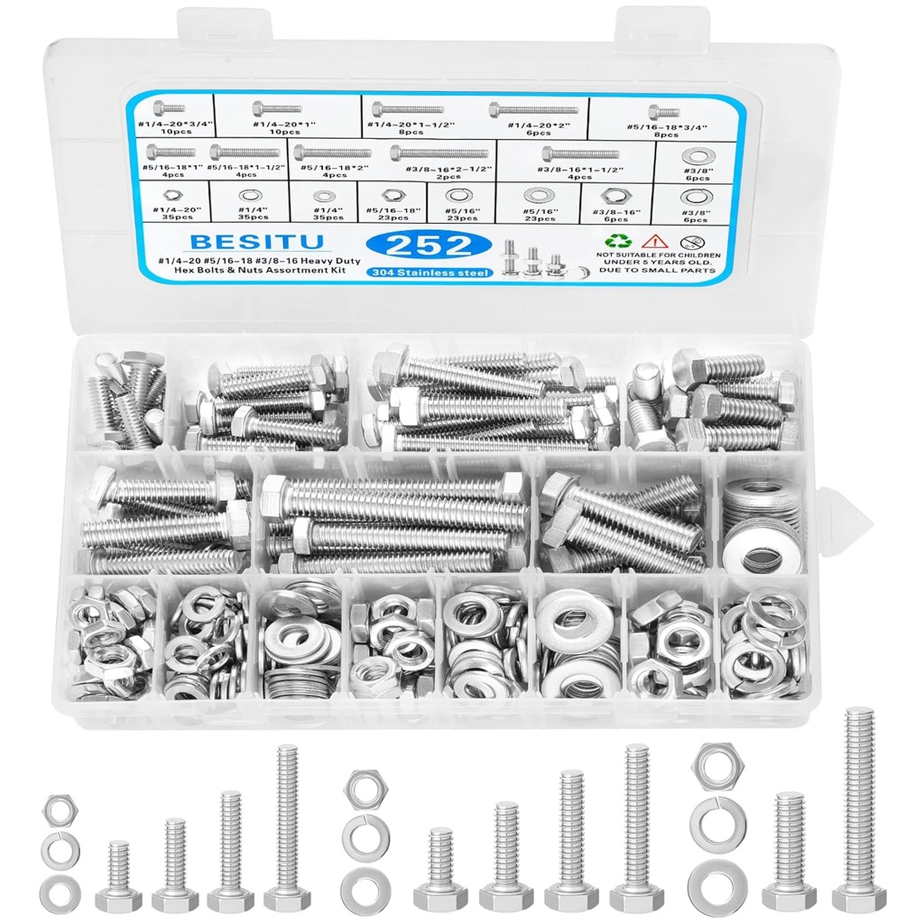 252Pcs Hex Bolts and Nuts Assortment Kit, 1/4-20, 5/16-18, 3/8-16 Assorted Bolts Nuts and Washers Kit, 304 Stainless Steel Machine Screw Sets with Case