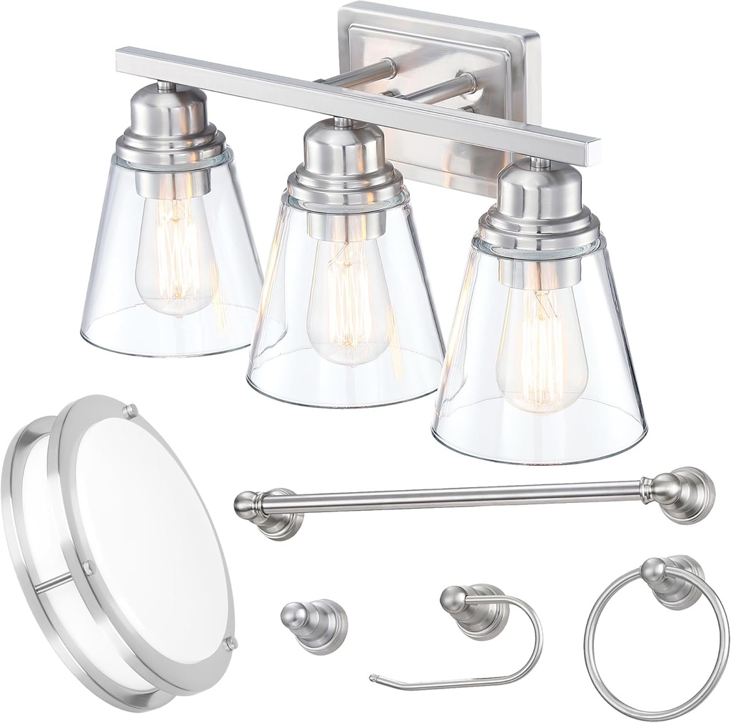1 Pack 10 inch Brushed Nickel Ceiling Light and Brushed Nickel 5 Piece Bathroom Light Accessories Set