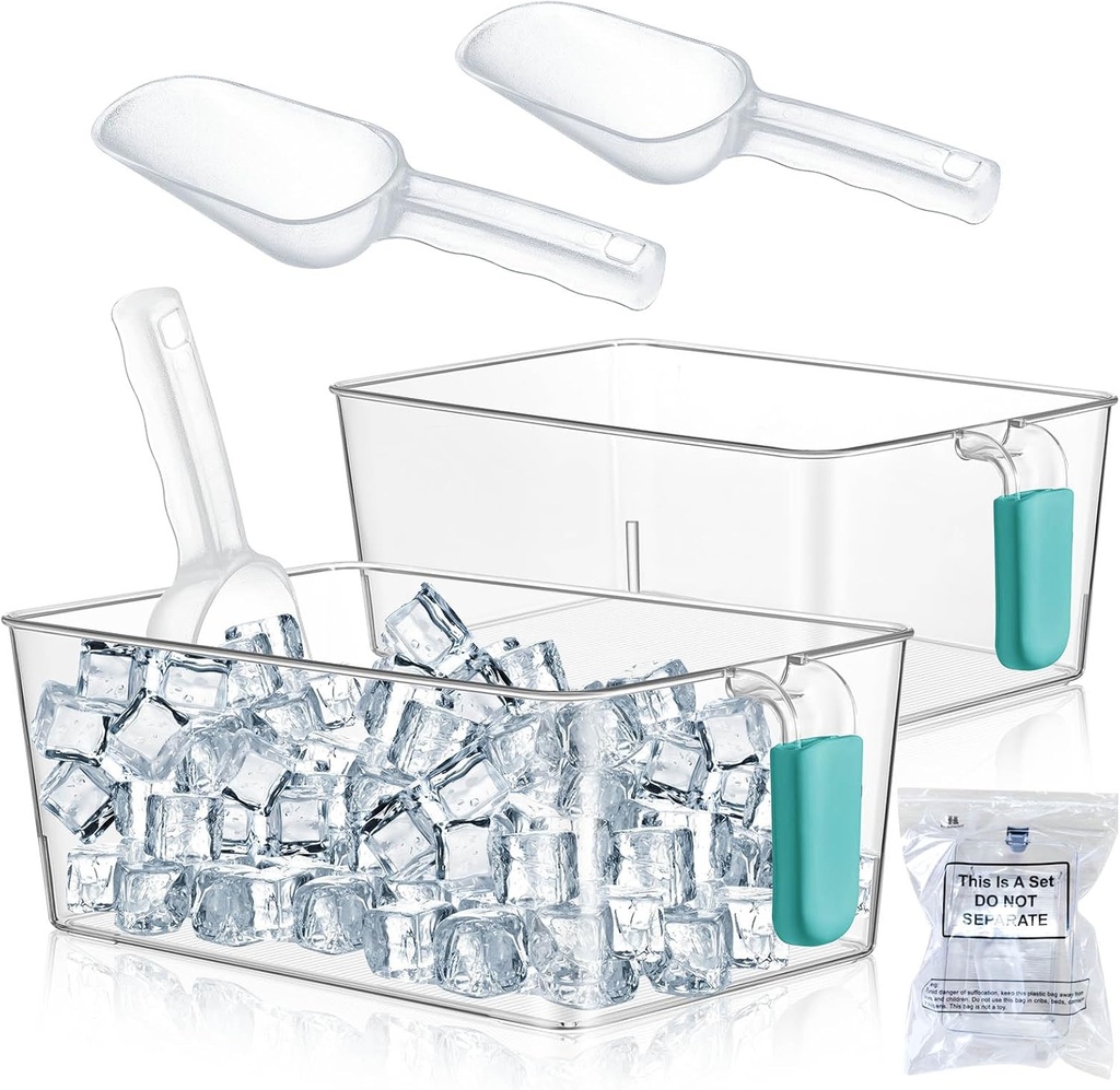 Havawish 2 Set Ice Bin and Flexible Scoop Set Plastic Freezer Ice Bin with Pull out Handle Clear Storage Bucket for Container with Bucket Scoop(Blue,10.83 x 7 x 4.33 in)