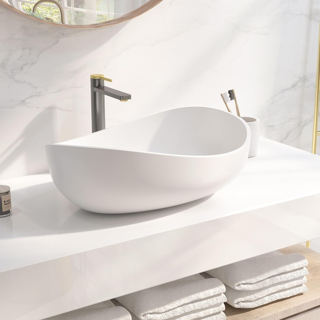 homary 22.4" Oval Ceramic Vessel Sink, Bathroom Sink with Pop-up Drain Modern Countertop Bathroom Basin for Home or Hotel Use, Matte White