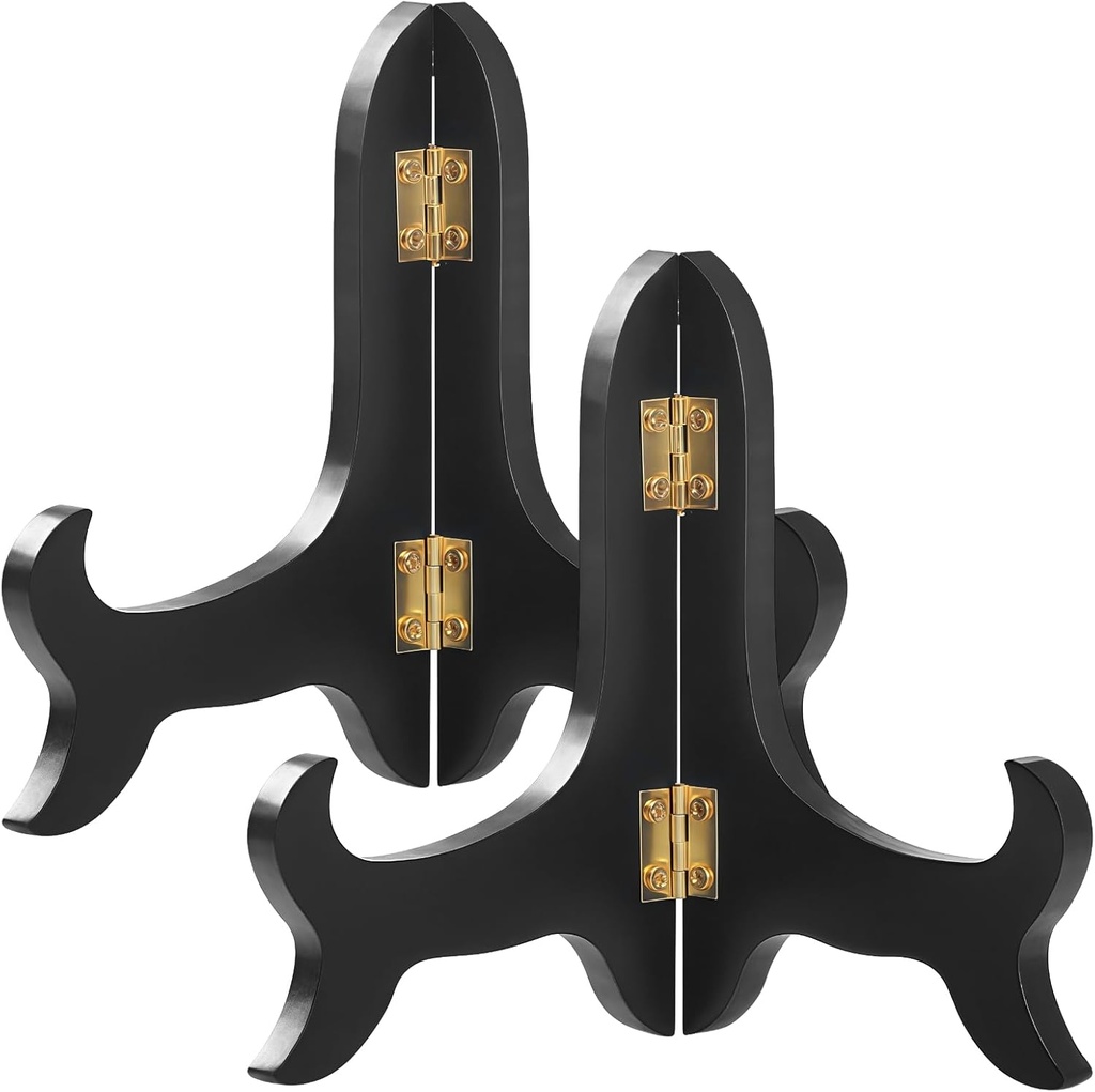 Foldable Decorative Plate Stands in Black Wood, 2 Pack 10 Inch with Gold Hinges, Holds 34–38 Cm Artworks and Collectible Items