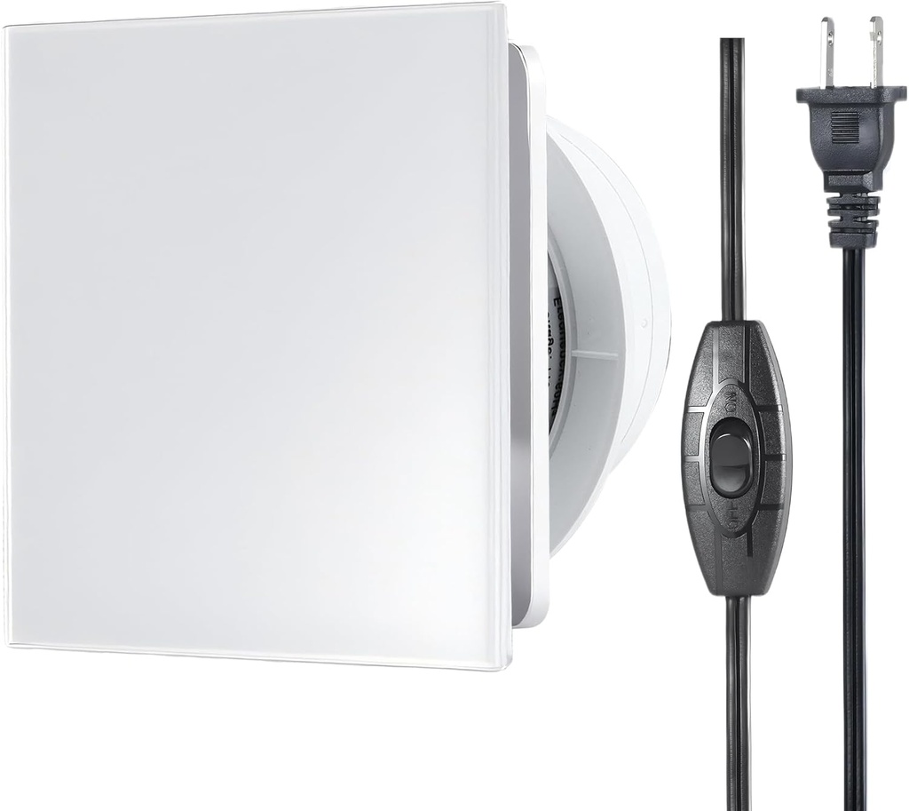 4inch Exhaust Fan, White Glass Panel Window Wall Mount Air Vent Extractor Ventilation Fan w/Button Switch, Cord for Kitchen Bathroom Workshop Garage