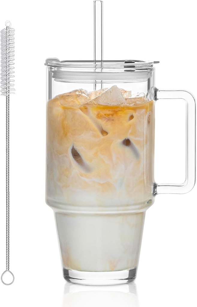 KEMORELA 24 Oz Ribbed Glass Tumblers with Lids and Straws, Tumbler Cup with Handle, Iced Coffee Glassware, Clear Reusable Drinkware for Smoothies and Beverages (1)