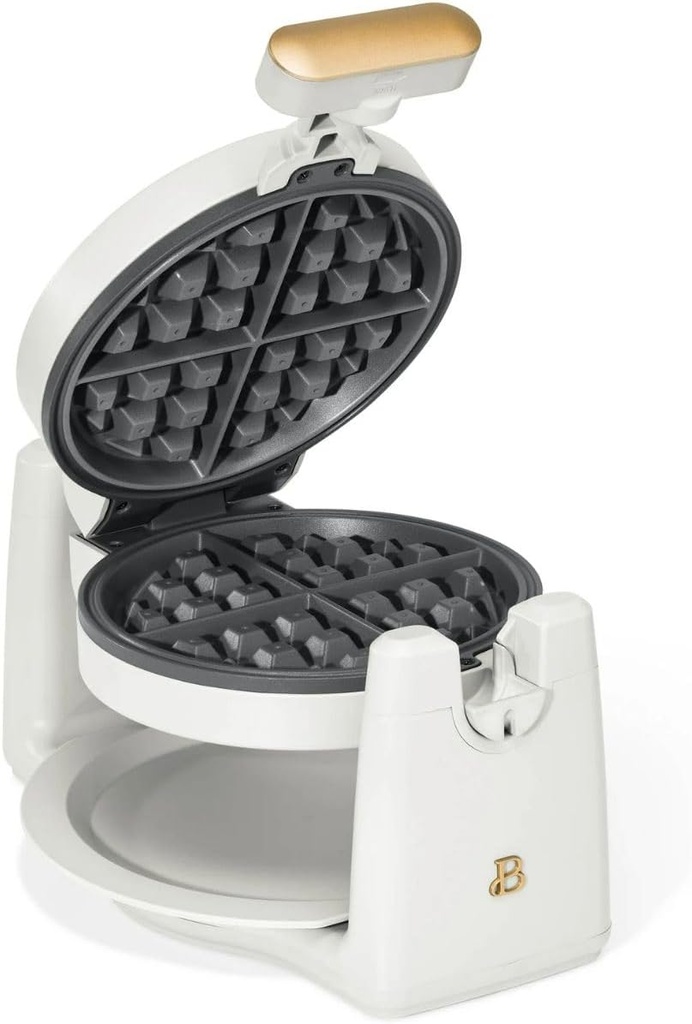 Beautiful Rotating Belgian Waffle Maker – 1000W, Makes 5 Thick Waffles, 7 Settings, Ceramic Nonstick, Compact Foldable Handle (White Icing)