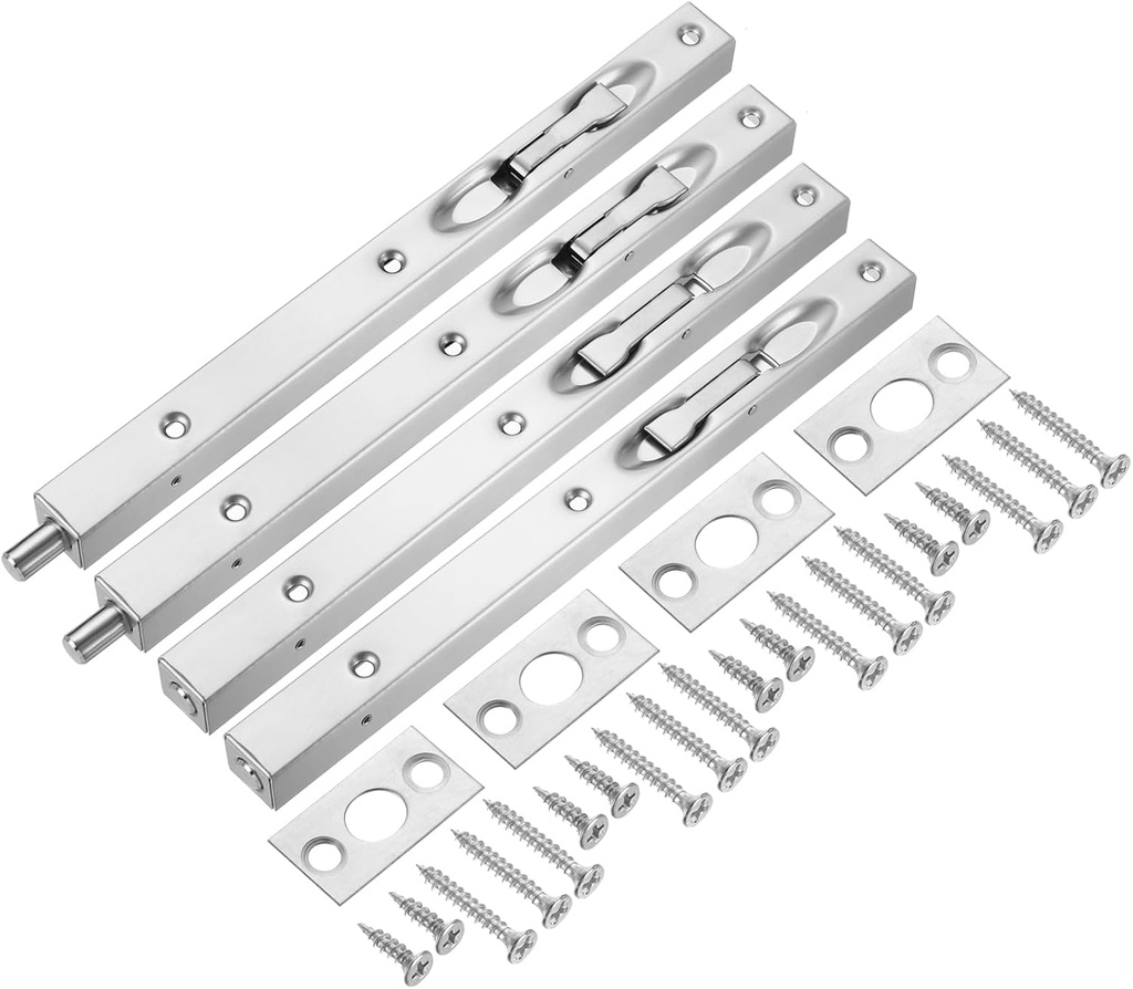 uxcell 4Pcs Door Bolts Latch 10 Inch, Stainless Steel Security Door Guard Lever Action Flush Slide Lock for Inactive Leaf, Double Dummy Door, Silver