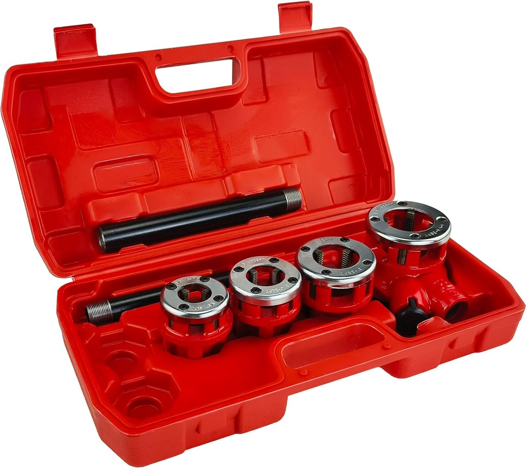 Pipe Threader Ratchet Kit, Manual Pipe Threading Tool Set with 4Dies (4 Dies-1/2" 3/4" 1" 1-1/4") Heavy Duty Ratcheting Threader for Professional Pipe Cutting and Threading