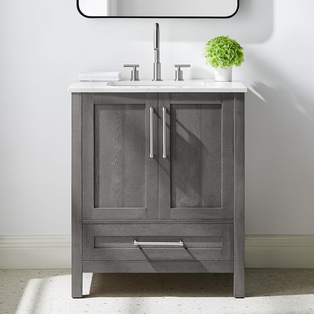 Daisy Grey Wood 30-Inch Single Bathroom Vanity with Sink, Double Shaker Door Cabinet, Spacious Drawer, Brushed Nickel Handles, Pre-Drilled Marbled White Stone Top, Freestanding, Fully Assembled